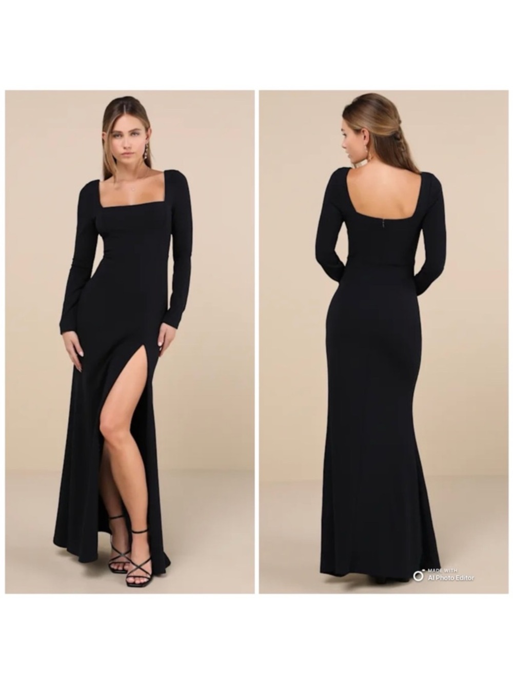 Lulus Infinitely Elegant NWT size Large Black Long Sleeve Maxi Dress Square Neck - Picture 13 of 13